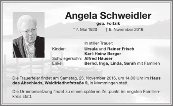 Traueranzeige von Angela Schweidler von Memminger Zeitung