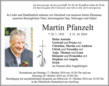 Traueranzeige von Martin Pfanzelt von Allgäuer Zeitung, Marktoberdorf