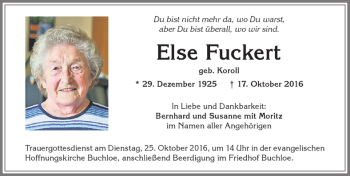 Traueranzeige von Else Fuckert von Allgäuer Zeitung, Kaufbeuren/Buchloe