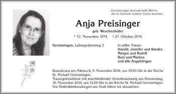 Traueranzeige von Anja Preisinger von Allgäuer Zeitung, Kaufbeuren/Buchloe