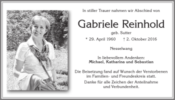Traueranzeige von Gabriele Reinhold von Allgäuer Zeitung, Füssen