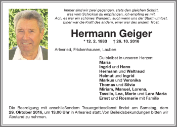 Traueranzeige von Hermann Geiger von Memminger Zeitung