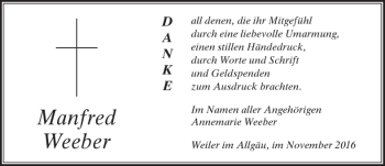 Traueranzeige von Manfred Weeber von Der Westallgäuer