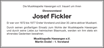 Traueranzeige von Josef Fickler von Memminger Zeitung