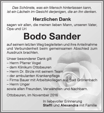 Traueranzeige von Bodo Sander von Memminger Zeitung