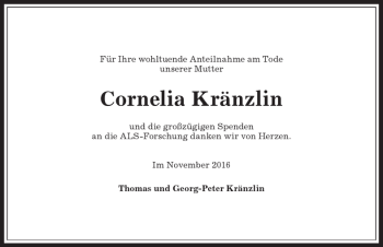 Traueranzeige von Cornelia Kränzlin von Allgäuer Anzeigeblatt