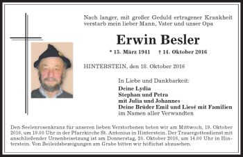 Traueranzeige von Erwin Besler von Allgäuer Anzeigeblatt