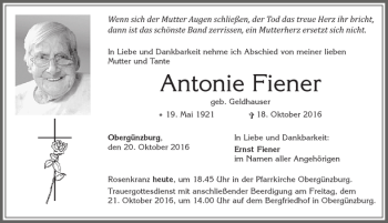 Traueranzeige von Antonie Fiener von Allgäuer Zeitung, Marktoberdorf
