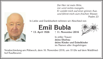 Traueranzeige von Emil Bubla von Allgäuer Zeitung, Kaufbeuren/Buchloe