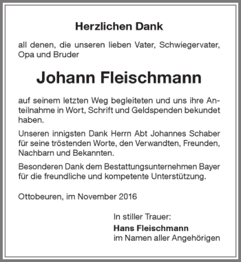 Traueranzeige von Johann Fleischmann von Memminger Zeitung