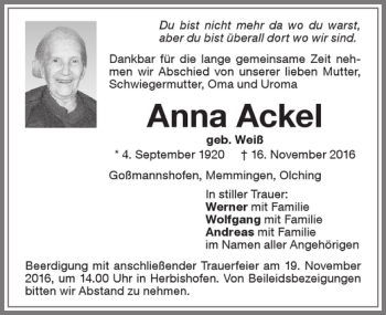 Traueranzeige von Anna Ackel von Memminger Zeitung