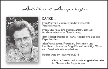 Traueranzeige von Adelheid Angerhofer von Allgäuer Zeitung, Kaufbeuren/Buchloe