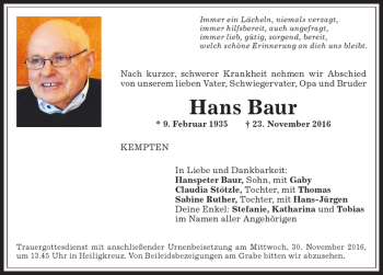Traueranzeige von Hans Baur von Allgäuer Zeitung