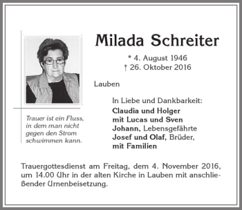 Traueranzeige von Milada Schreiter von Allgäuer Zeitung,Kempten