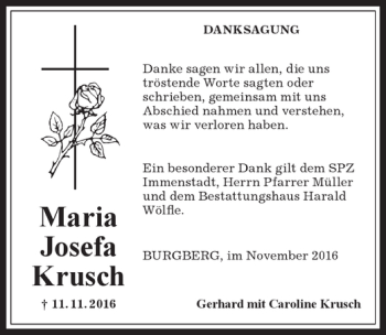 Traueranzeige von Maria Josefa Krusch von Allgäuer Anzeigeblatt