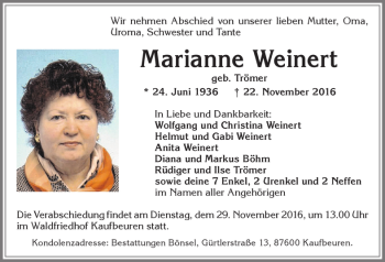 Traueranzeige von Marianne Weinert von Allgäuer Zeitung, Kaufbeuren/Buchloe