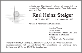 Traueranzeige von Karl Heinz Steiger von Allgäuer Zeitung,Kempten