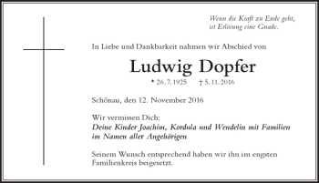 Traueranzeige von Ludwig Dopfer von Der Westallgäuer