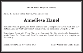 Traueranzeige von Anneliese Hanel von Allgäuer Anzeigeblatt