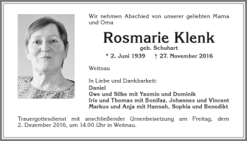 Traueranzeige von Rosmarie Klenk von Allgäuer Zeitung,Kempten