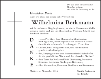 Traueranzeige von Wilhelmina Berkmann von Der Westallgäuer