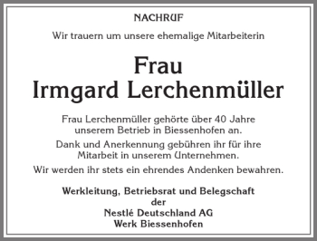 Traueranzeige von Irmgard Lerchmüller von Allgäuer Zeitung