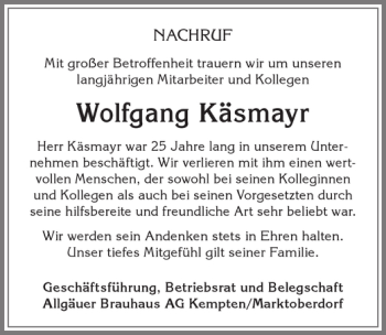 Traueranzeige von Wolfgang Käsmayr von Allgäuer Zeitung, Marktoberdorf