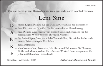 Traueranzeige von Leni Sinz von Der Westallgäuer