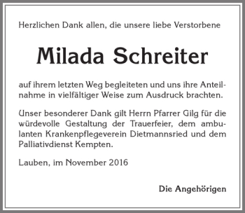 Traueranzeige von Milada Schreiter von Allgäuer Zeitung,Kempten