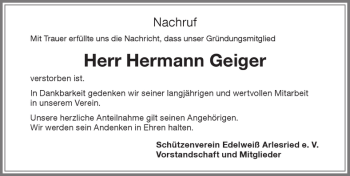 Traueranzeige von Hermann Geiger von Memminger Zeitung