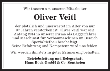 Traueranzeige von Oliver Veitl von Allgäuer Anzeigeblatt