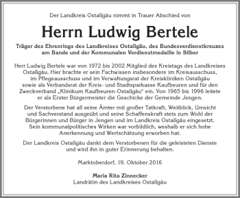 Traueranzeige von Ludwig Bertele von Allgäuer Zeitung
