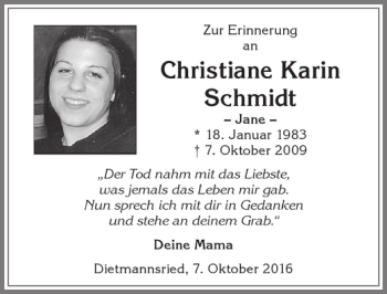 Traueranzeige von Christiane Karin Schmidt 