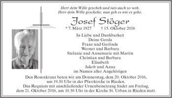 Traueranzeige von Josef Stöger von Allgäuer Zeitung, Füssen