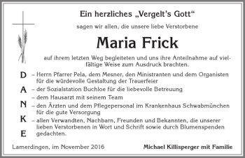 Traueranzeige von Maria Frick von Allgäuer Zeitung, Kaufbeuren/Buchloe