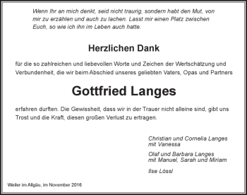 Traueranzeige von Gottfried Langes von Der Westallgäuer