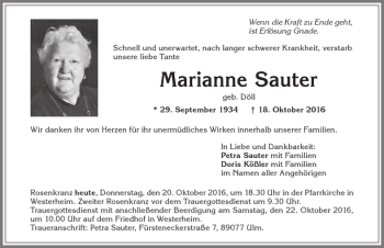 Traueranzeige von Marianne Sauter von Memminger Zeitung