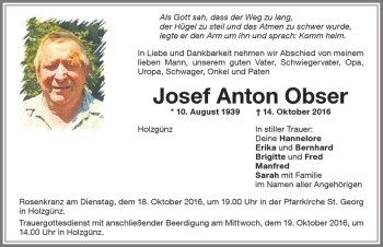 Traueranzeige von Josef Anton Obser von Memminger Zeitung