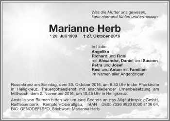 Traueranzeige von Marianne Herb von Allgäuer Zeitung,Kempten