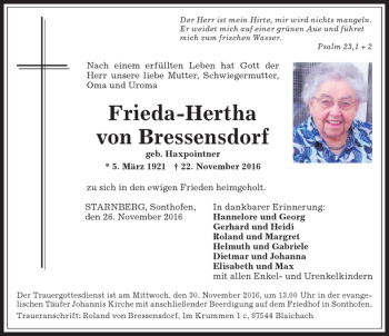 Traueranzeige von Frieda-Hertha von Bressendorf von Allgäuer Anzeigeblatt