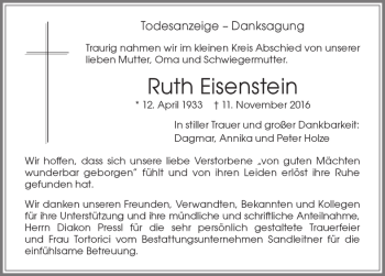 Traueranzeige von Ruth Eisenstein von Memminger Zeitung