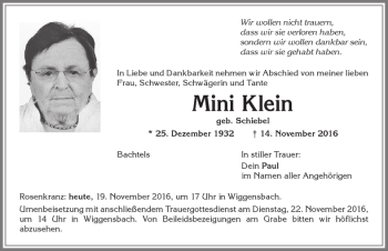 Traueranzeige von Mini Klein von Allgäuer Zeitung,Kempten