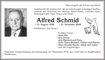 Traueranzeige von Alfred Schmid von Allgäuer Zeitung, Kaufbeuren/Buchloe