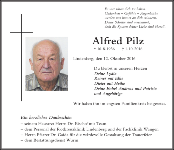 Traueranzeige von Alfred Pilz von Der Westallgäuer