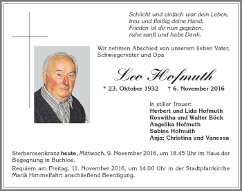 Traueranzeige von Leo Hofmuth von Allgäuer Zeitung, Kaufbeuren/Buchloe