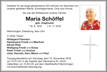 Traueranzeige von Maria Schöffel von Memminger Zeitung