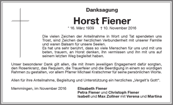 Traueranzeige von Horst Fiener von Memminger Zeitung