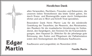 Traueranzeige von Edgar Martin von Allgäuer Zeitung, Kaufbeuren/Buchloe