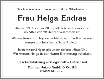 Traueranzeige von Helga Endras von Allgäuer Zeitung, Füssen