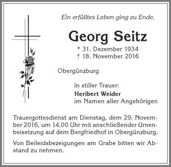 Traueranzeige von Georg Seitz von Allgäuer Zeitung, Marktoberdorf